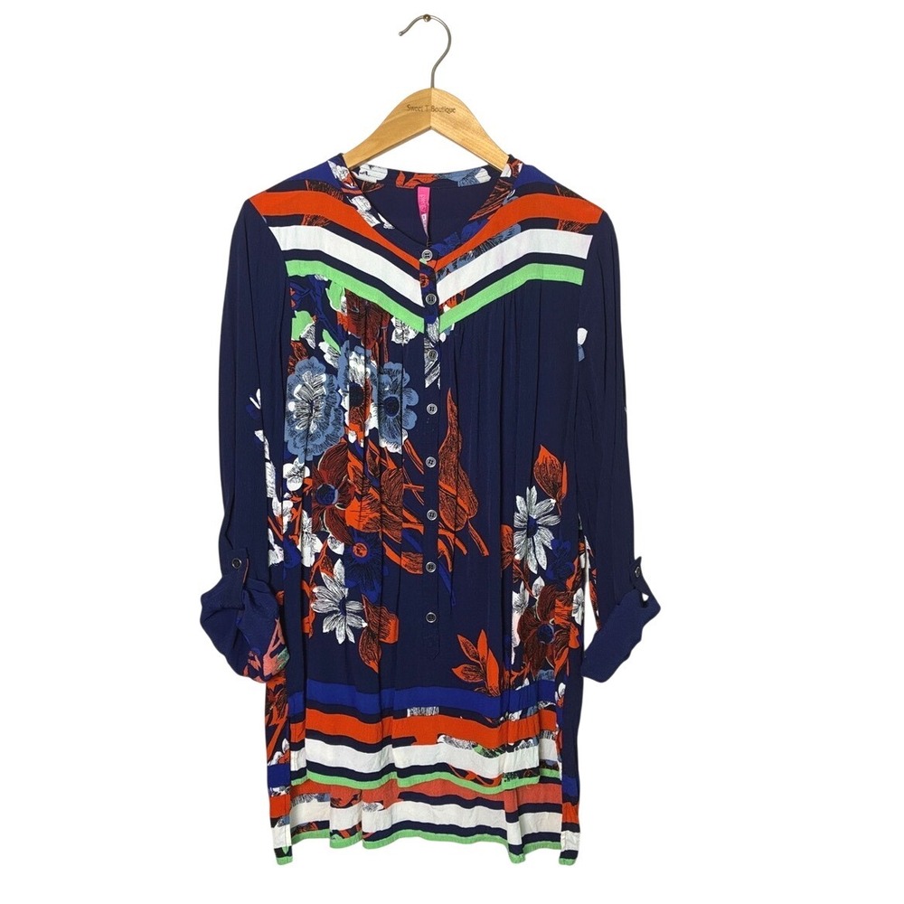 Plenty by Tracy Reese Size XL Artsy Colorful‎ Roll Tab Sleeve Popover Tunic Top